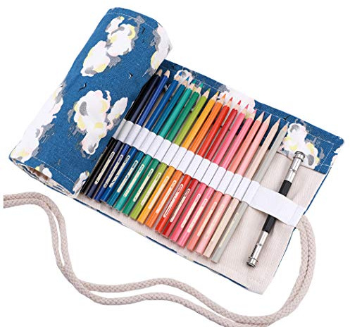 Amoyie Roll Up Pencil Case for 72 Coloured Pencils, Foldable Colouring Pen Organiser Bag, Canvas Coloring Pens Holder, Artist Wrap, Cloud Blue