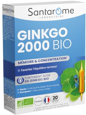 Santarome Bio - Ginkgo Biloba Bio 2000 - Complément Alimentaire Mémoire et Concentration - Fortement dosé - A base de plantes Bio - Ginkgo 2000mg Plante Sèche - 20 Ampoules - Made In France - Végan