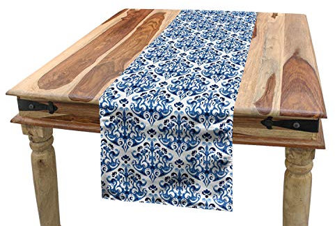 ABAKUHAUS Blau Tischläufer, Indigo-viktorianischer Entwurf, Esszimmer Küche Rechteckiger Dekorativer Tischläufer, 40 x 225 cm, Benzinblau Türkis und Weiß