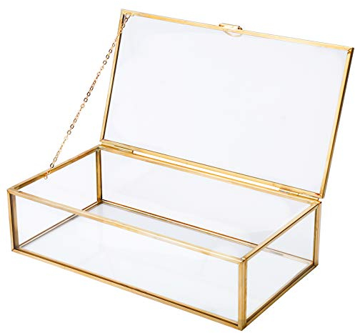 Homtone Copper Golden Vintage Glass Lidded Box, Decorative Jewelry Keepsake Display Organizer Clear Rectangle Golden Box for Wedding Party Decor (20x11x5.9cm, Gold)
