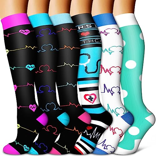 Calcetines de compresión de cobre para mujeres y hombres (6 pares), ideales para correr, enfermería, senderismo, recuperación y vuelos, XL, 29 Amarillo/Negro/Azul/Negro/Verde/Negro