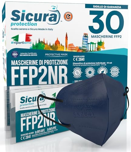 30 FFP2 Masken CE zertifiziert BLAU mit schwarzen Gummibändern SICURA Logo geprägt BFE ≥99% Made in Italy SANITIZED und einzeln versiegelt FFP2 Masken