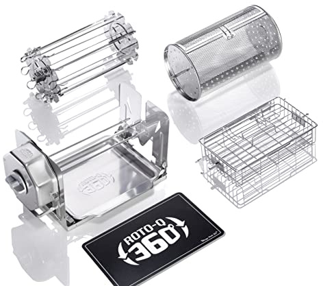ROTO-Q 360 Family Rotisserie Kit – Non-Electric Wind-Up Spit Roaster with Tumble Basket, Flat Cage, Skewer Set & Mat for Grill, Oven, Smoker, Portable BBQ Cooking, Tailgating, or Camping Use