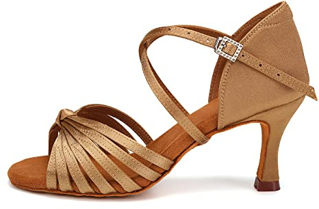 VCIXXVCE Women's Latin Dance Shoes Light Brown Satin Open Toe 3 inch Heel Ballroom Salsa Dance Practice Shoes Suede Sole,7 US