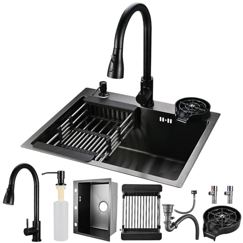 Cieex Evier Multifonction Noir Evier Cuisine Inox Professionnel Évier Simple 55 * 45CM avec Robinet Rétractable Distributeur de Savon Lave-gobelet et Kit de Plomberie Complet