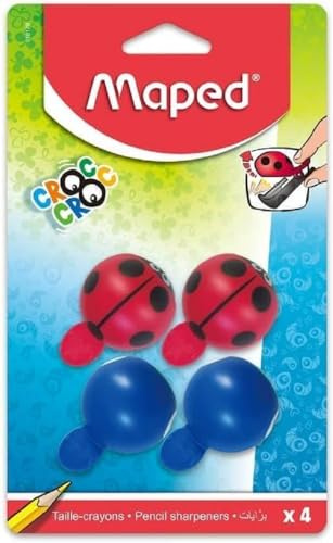 Maped - Set di 4 temperini Croc Croc Croc Easy Coccinella e Balena - Temperamatite Serbatoio - 1 foro per matite standard - Facile da aprire - Per bambini dai 4 anni