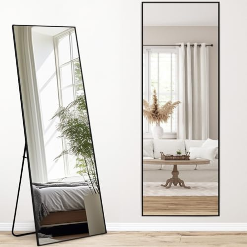 Melodieux Ganzkörperspiegel 147x44cm in voller Länge Großer Freistehender Spiegel Schwarzer Aluminiumrahmen Ankleidespiegel Wandmontierter Wand Hängend Gelehnt Spiegel für Wohnzimmer Schlafzimmer
