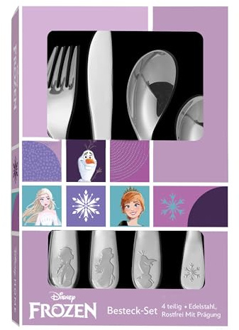 Frozen Set di Posate per Bambini 4 Pezzi in Acciaio Inox - Coltello, Forchetta e Cucchiai con Motivo Inciso di Elsa, Anna e Olaf, Lavabili in Lavastoviglie