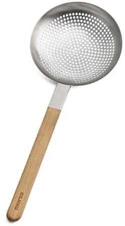 Morsø Vulcano Spider, Slotted Spoon, Stainless Steel and Oak Wood, 40 cm | Durable and elegant wok strainer spoon with Scandinavian design, comfortable long handle for cooking and serving