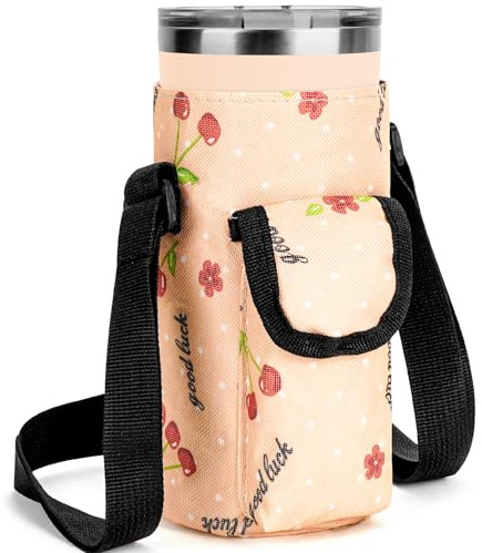 Linkidea Tumbler Carrier with Strap Compatible with YETI Rambler Tumbler 20oz, IRON °FLASK Classic Tumbler 2.0 20/24oz, Coffee Mug Sling Bag Holder, Shoulder Strap with Pocket, Cherry