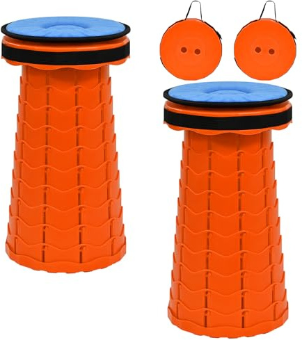 FXKS 2 Pack Folding Stool with Soft Cushion, 45cm Extra Tall Telescopic Stool Heavy Duty 181kg (28.5 Stone) Load, Portable Collapsible Stools for Adults Fishing Camping Gardening Hiking BBQ - Orange