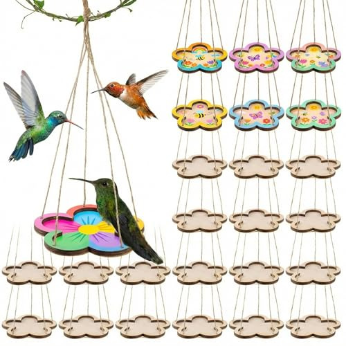 DoubleFill 24 Pcs Thickened Wood Bird Feeder Craft Kits for Kids Ages 6+, 1.2cm Thick Hanging Bird Feeders, Painting Crafts for Easter DIY Painting, Outdoor Garden Decoration