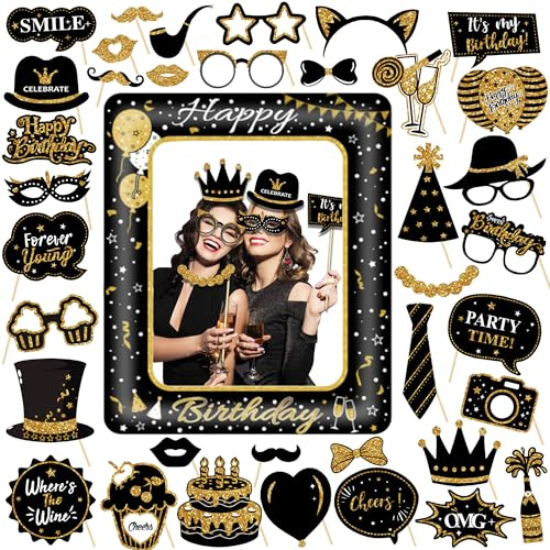 Black Gold Photo Booth Props - 39 Pieces Birthday Inflatable Selfie Frame for Men Women, Photobooth Decorations for Any Ages Large Bows Lips Lipsticks for Girl Boy Party Accessories