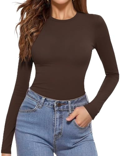 Aottori Womens Long Sleeve Tops Ladies Crew Neck Thermal Base Layer Underwear Lightweight Cotton T Shirts Elegant Basic Tunic Pullover Brown XL
