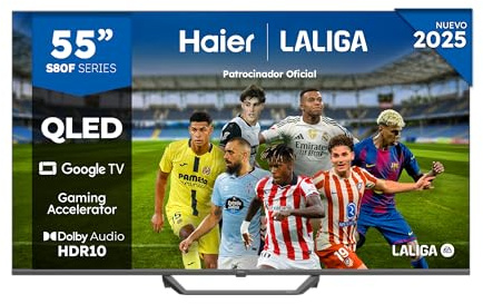 Haier QLED 4K UHD H55S80FUX - 55, Smart TV, Google TV, Dolby Audio, HDR 10, Smart Remote Control, Google Assistant, Bluetooth 5.1, Gaming Accelerator, USB 2.0, DBX TV, HDMI 2.1 x 4, Sin Marcos, 2025