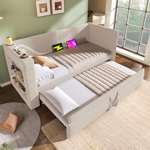 IHO SOFA - Letto a castello multifunzionale con letto singolo 90x190 cm, con porte USB-Type-C e USB, portabicchieri, letto per bambini, letto imbottito, letto pieghevole per gli ospiti, beige (senza