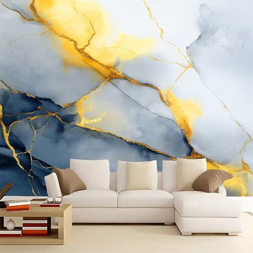 3D Panoramic Photo Wallpaper 98 x 69 inch (W x H), Light Gray Non-Woven Photo Wall Wall Mural for Bedroom Living Room Corridor - Premium Exquisite Gold Texture Marble Pattern