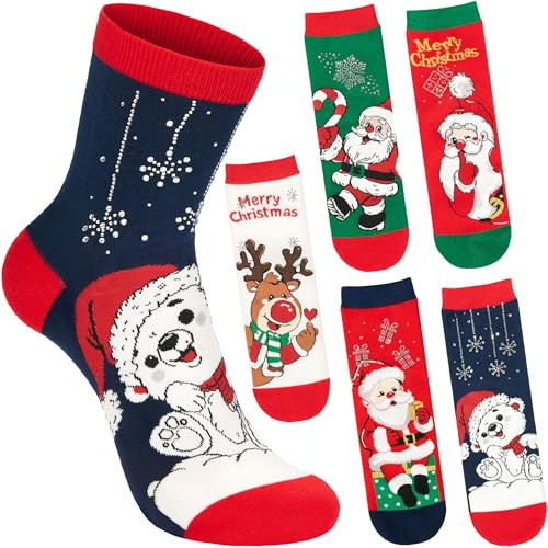 BRUBAKER 5 Par Julsockor för Damer - Jultomte, Ren & Isbjörn - Roliga och Mysiga Strumpor för Julen - Färgglada och Värmande Sockset - Perfekt Present för Kvinnor & Flickor - Storlek 36-41
