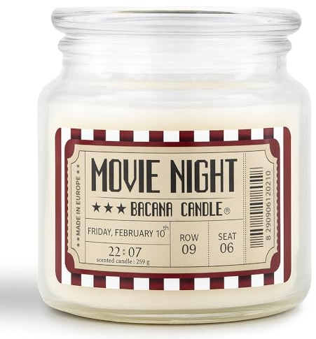 Vela Perfumada en Vaso Aroma Movie Night Palomitas - Vela Aromática en Frasco de Vidrio con Tapa - Larga Duración 80-110 h - Vela Decorativa y Original para Regalo - 560 g