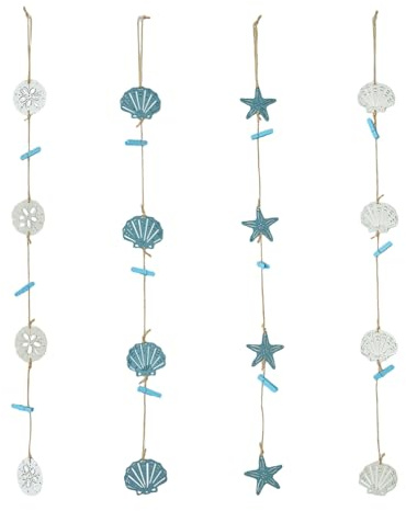SOIMISS Colgador de Fotos Mediterráneo con Cuerda de Yute y 4 Pinzas de Madera, Decoración Costera para Pared con Conchas y Estrellas de Mar en Tonos Claros y Azul, Adecuado para Sala