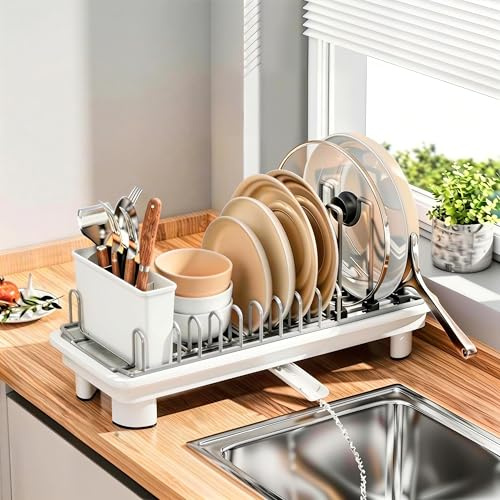 AFNGWWIN Escurreplatos pequeño, escurridor de Platos Acero Inoxidable con Bandeja de Goteo, 360° y Soporte para Utensilios,Small Dish Drying Rack