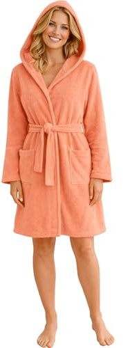 Morgenstern Accappatoio Donna in Spugna Leggera Sottile 100% Cotone Corto con Cappuccio Certificato Oeko-Tex Rosa Salmone L