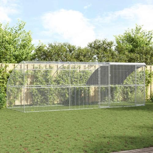 Runheo kycklingbur av stål och PE silver 600 x 200 x 200 cm, 3-delat väderbeständigt inhägnad med nätskydd och tak för frigående, stall, voljär och utlopp utomhus, säkert skydd