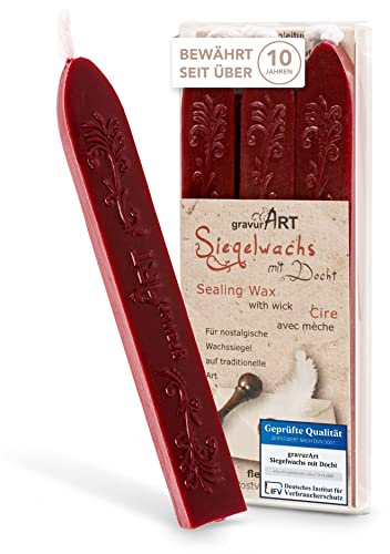 gravurART Siegelwachs Bordeaux Rot 3 Stangen mit Docht - Persönliche Briefe versiegeln mit Stempelwachs für Siegelstempel