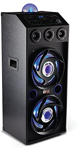 QFX SBX-412207BT TWS Bluetooth Cabinet Speaker with Dual 12 Woofers, LED Party Lights, FM Radio, USB/TF Card Ports, Aux Input, Blue