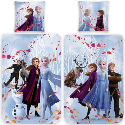 Frozen barn vändbar sängkläder Frost Team Blue 135 x 200 80 x 80 cm 100 % bomull Linon Anna Elsa Sven Snowman Olaf snögubbe Arendelle Disney Movie Film sängkläder påslakan tysk storlek