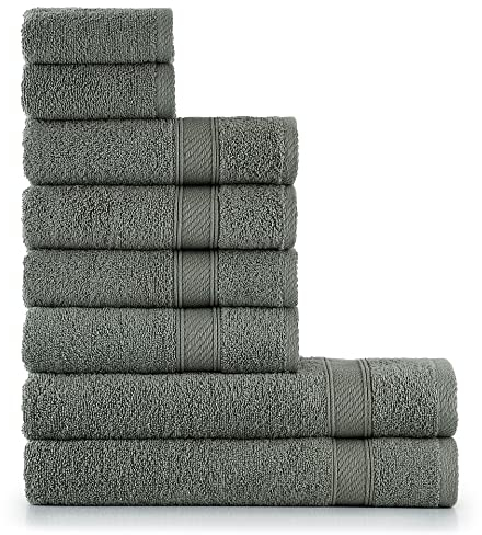 nottoc Handtücher Set Grün 8-TLG / 2 Badetücher 70x140 + 4 Handtücher 50x90 + 2 Gästehandtücher 30x50 - Handtuch mit Aufhänger 100% Baumwolle Saugfähige Weiche Luxus Duschhandtücher - Dunklegrün