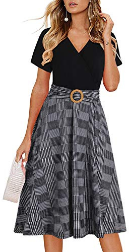 Women's Elegant Criss-Cross V Neck Vintage Short Sleeve Work Casual Party Swing Tea Dress with Pockets 980 (L, Black Plaid)