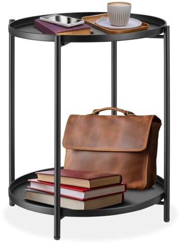 tectake® Mesa Auxiliar Redonda, Bandejas Extraíbles, Mesa Salon, Muebles Auxiliares, Mesitas de Noche, Mesas Auxiliares, Mesilla de Noche, Mueble Salon - 45,5 x 45,5 x 53 cm Negro