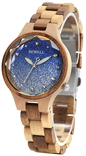 BEWELL Holzuhr für Damen, Handgefertigte Bunte Quarz-Armbanduhren aus Holz mit Sternenhimmel-Zifferblatt
