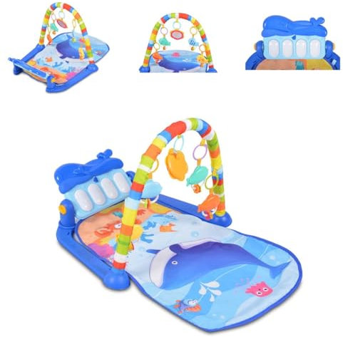 Moni arco de juego, manta de gateo Ocean, 5 juguetes colgantes, teclas de piano, color:azul