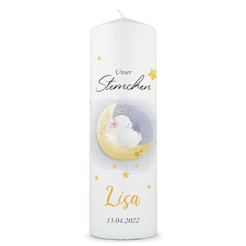 GRAVURZEILE Bedruckte Kerze - Kinder Trauerkerze Unser Sternchen - Personalisiert mit Name Datum & Wunschtext - Trauerkerze zur Beerdigung oder als Andenken - Hochwertige Stumpenkerze 250/80 mm