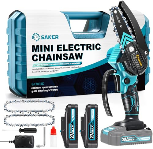 Saker Mini Chainsaw,Portable Electric Cordless Chainsaw,Battery Powered,Small Power Handheld Chain Saws Pruning Shears for Tree Branches,Gifts for Men Women(2 Batteries&3 Chains)