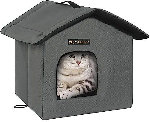 Rest-Eazzzy Cat House for Outdoor Cats, Weatherproof and Insulated Feral Cat House with Mat and Clip, Easy to Put Together, Selfwarming Cat Shelter for Summer(Grey, Waterproof House-S)