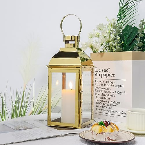 JHY DESIGN Edelstahl-Kerzenlaterne, 31,5 cm hoch, mit gehärtetem Glas, für Garten, Innen- und Außenbereich, Hochzeiten, Weinlese, Hängende Gartenlaterne (Gold)