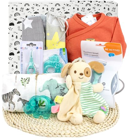 PEKEL'S Geschenkbox für Neugeborene | Newborn Baby Layette | Unisex Baby Basket mit Babydecke, Kleidung, Plüschtier und essentiellem Zubehör | Geschenkset für BabyShower & Geburt (Neutrale)