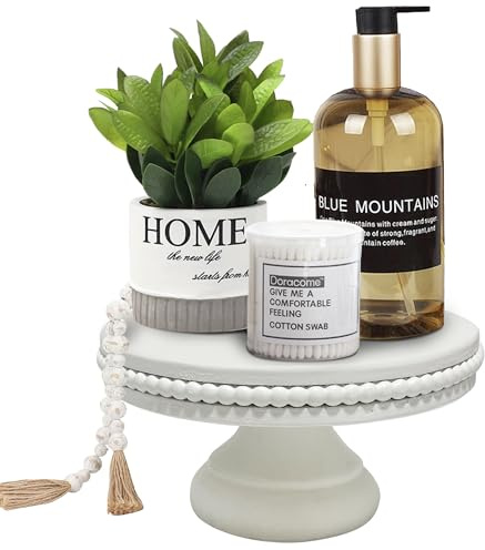 dwellington White Wash Display Wood Riser, 8.25inch Shabby Chic Pedestal Tray Decor with Beads, Farmhouse Display Stands for Coffee Bar, Bathroom, Kitchen Island (White)