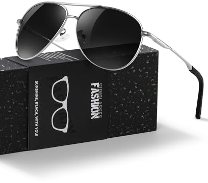 kunchu Pilot Sunglasses Mens Polarized Sunglasses Unisex UV400 Protection Black Sunglasses Driving, Fishing,Running Classic Ultra Light Shades Silver