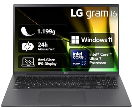 2024 LG gram 16 Zoll Notebook - 1199g Intel Core Ultra7 Laptop (32GB RAM, 2TB Dual SSD, 24h Akkulaufzeit, IPS Panel Anti-Glare Display, Win 11 Home) - Grau