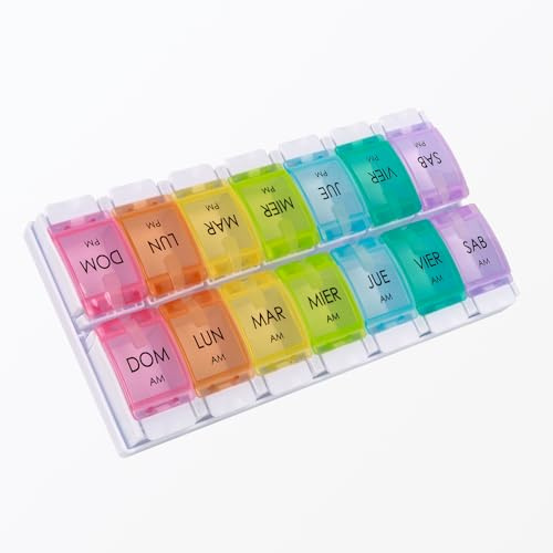 Spanish Pill Organizer 7 Weekly Two Times per Day AM PM with Spring Open Design, Medication Organizer Spanish, Vitamin Planner, Organizador de Pastillas en Español, Spanish Pill Box