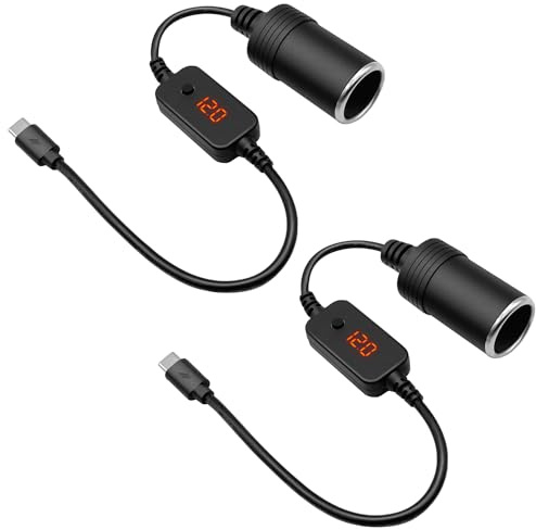 2Pcs USB C Mâle vers 12V Voiture Allume-Cigare Prise Type-C vers Allume-Cigare Adaptateur Câble Convertisseur avec Affichage Voltmètre, Tension Réglable 5V / 9V / 12V