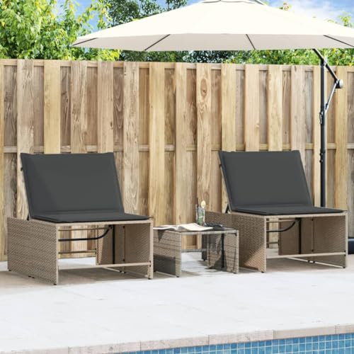 Rantry Sonnenliegen 2 STK. mit Tisch Sonnenliege Relaxliege Gartenliege Liegestuhl Strandliege Terrassenliege Verstellbare Rückenlehne Liege für Garten, Balkon, Terrasse Grau Poly Rattan