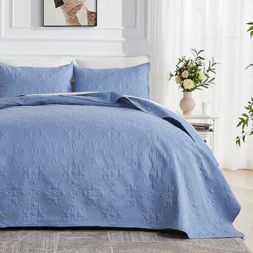 Qucover Tagesdecke 240x260, Bett überwurfdecke Tagesdecke mit 2 Kissenbezügen bei Ultraschall genäht, Ultra Weiche Tagesdecke Bett, Sofaüberwurf Steppdecke Sofa Decke, Wohndecke für Bett(Blu)