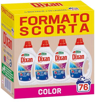 Dixan Liquido Color Detersivo Lavatrice Formato Scorta (4 x 19 Lavaggi), Detersivo liquido lavatrice per colori vivaci, pulizia profonda del bucato e freschezza igienica per la lavatrice