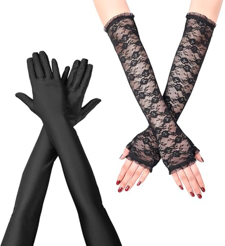 DALAETUS 2 Pares Guantes Negros Largos Set, Guantes de Encaje Sin Dedos, Guantes Mujer Vintage Noche para Bodas Prom Opera Fiesta (53cm)