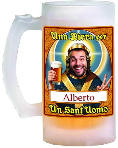 Bombo Boccale da birra in vetro personalizzato con il nome e la faccia del festeggiato etichetta Sant'uomo